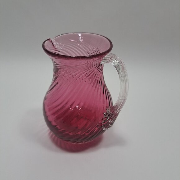 Pilgram Glass Cranberry Swirl Optic Rib Creamer Clear Reed Handle Hand Blown - Picture 6 of 8